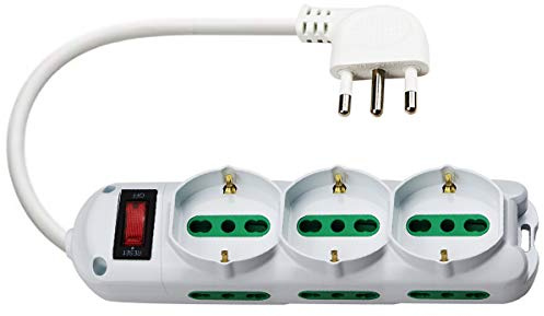 EXTRASTAR Ciabatta Elettrica Multipresa Protetta,Surge Arrest,con interruttore automatico di protezione,Spina 10 A,Prese 3 Italiana/Tedesca e 6 Bipasso 10/16A, Bianco,Cavo da 1.5m.