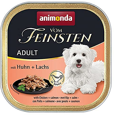 animonda vom Feinsten Hundefutter nass mit Huhn + Lachs in Sauce (22 x 150g), getreidefreies Hundefutter ohne Zucker, mit frischen, fleischigen Zutaten
