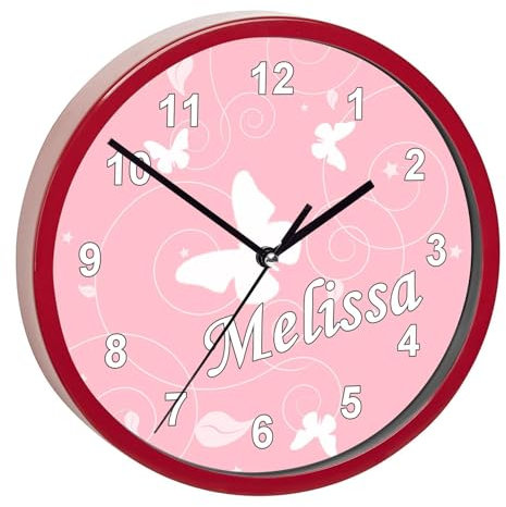 CreaDesign, WU-02-1032-41, Schmetterling Rosa Wanduhr für Kinderzimmer, personalisierbar mit Namen, Rahmen rot, Durchmesser 19,5 cm