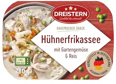 DREISTERN Hühnerfrikassee 280g I Mit Gemüse & Reis I Herzhaftes Fertiggericht in Mikrowellenschale I Lange Haltbarkeit dank natürlicher Konservierung I Hausmacher Qualität