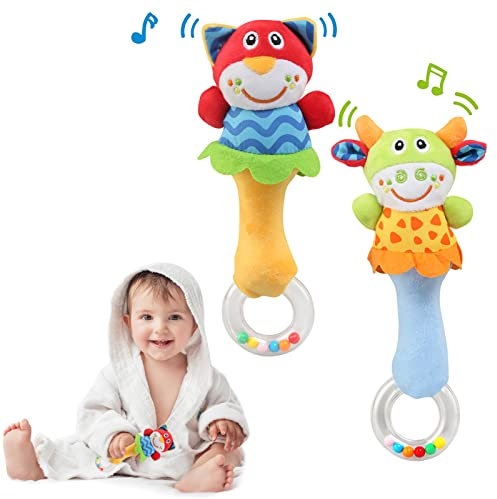 LEADSTAR Baby Rassel, Greifling Baby Spielzeug Babyrassel Babyspielzeug Sensorisches Knisterspielzeug Plüsch Cartoon Tier Geschenk mit Klingel für Neugeborene Babys Kleinkinder ab 0 3 6 9 12 Monate