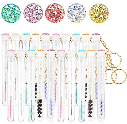 Mekupeu 20 Pcs Mascara Wand Tube Set Diamond Key Chain Tube Empty Mascara Brushes Eyelash Spoolies Brush Makeup Tool Applicator (Mixed 5 color)