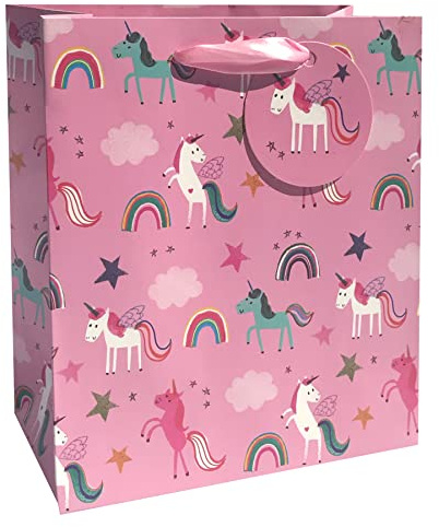 Glick Luxus-Geschenktüte, mittelgroße Geschenktüte, Feier-Geschenktüte, Einhörner-Geschenktüte, Geschenkverpackungstasche, 175 x 225 x 100 mm, Rosa
