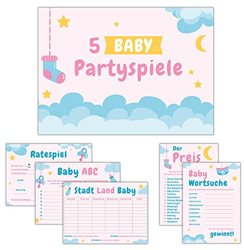 Babyparty Spiele (Spielset Pink/Blau), Babyshower Spiele Set, 5 witzige Babyparty-Spiele (je 10 Stück), Babyparty Geschenk, Babyparty Karten zum Ausfüllen, Partyspiele Babyshower