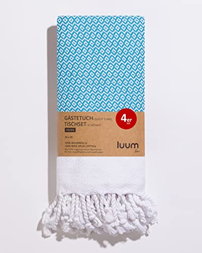 Luum® 4er Set Hamam Gästehandtücher, Platzset, Platzdeckchen, Tischset waschbar, Seiftuch, 100% Baumwolle, schnelltrocknend, fusselfrei, Türkis, 33x45, Geschenkset, Hochzeitsgeschenk Idee