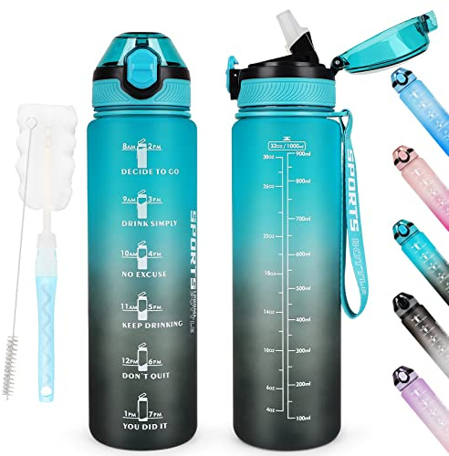 AOHAN Trinkflasche 1L BPA-frei Sport Wasserflaschen mit Stroh, Spülmaschinensichere Verschlussdeckel Auslaufsichere Motivierende Sportflasche mit Zeitmarkierungen für Sport