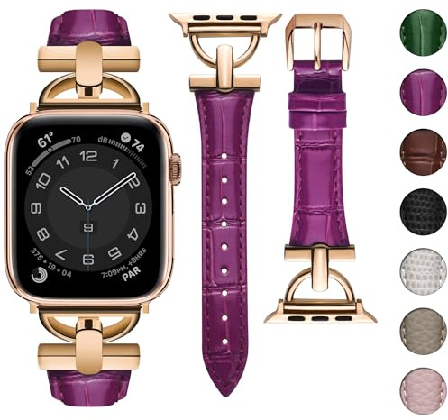 wutwuk Compatible avec Bracelet Apple Watch 42mm(S11/10)/41mm/40mm/38mm Boucle Métal en Forme de D Cuir Véritable Bracelet iWatch pour iwatch SE 3/2/1 Séries 11/10/9/8/7/6/5/4/3/2/-Violet Foncé