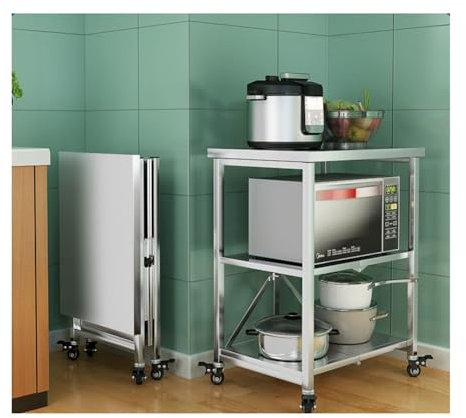 Standing Shelf Units, Movable Stainless Steel Folding Cart Table，Stable Metal Frame，barbecue Trolley Pizza Oven Cart Table，outdoor Cart Worktable，21.6 Inches X 11.8 Inches ( Color : Silver , Size : 55