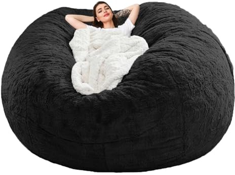 Giant Bean Bag Chair Cover(No Filler),Oversized Round Soft Fluffy PV Velvet Washable Lazy Sofa Bean Bag Bed Cover for Adults, Living Room Bedroom Furniture Outside Cover (Black, 6FT)