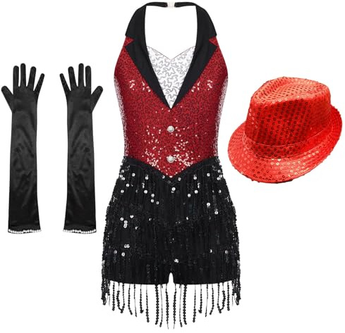 iiniim Damen Latein Tanzkleid Glitzer Ballettkleid mit Mütze Handschuhe Pailletten Fransen Jumpsuit Overall Ballsaal Show Performance Jazz Tanzkleidung Rot S