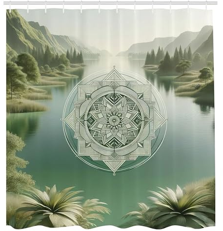 ABAKUHAUS Salvia-grönt duschdraperi, bohemisk känns psykedelisk mandala med chillscen sjö och skog, tygtyg med krokar, 175 x 200 cm, skifferbrun skymning turkos