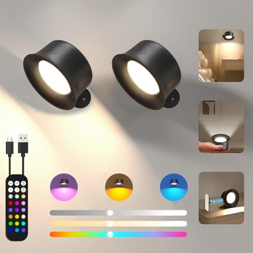 Kazaigou 2 Pack Wall Lights, LED Wall Lamp with Rechargeable Battery Operated, 15 RGB Colors, 3 Color Temperatures & Dimmable Magnetic 360° Rotation, Cordless Wall Scones for Reading Bedside Hallway