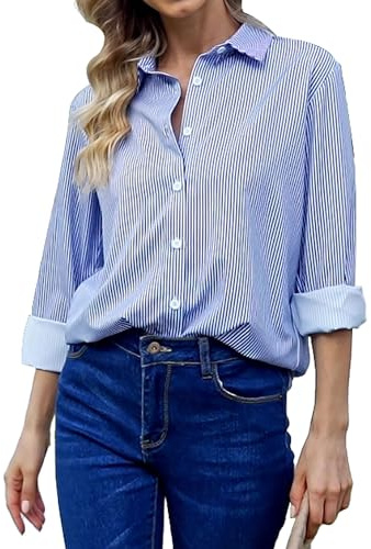Damen Button-Down Shirts Langarm Kragen Tops Lady Work Office Chiffon Bluse