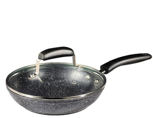 Quality Beddings Non Stick Frying Pan with Lid 20cm | Black Granite Coating for All Hobs Induction, Gas & Electric | Easy to Clean, Healthy Cooking | Heat Resistant & Cool-Touch Handle