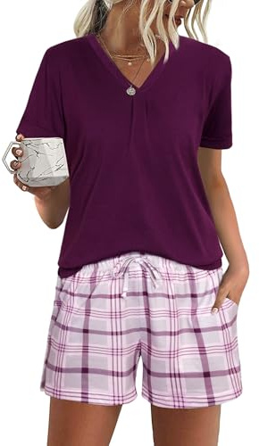 Jezonga Pigiama Donna Estivo Pigiami da Donna Cotone Corto Set Due Pezzi Casual da Notte Casa con V Leggero e Morbido Viola XXL