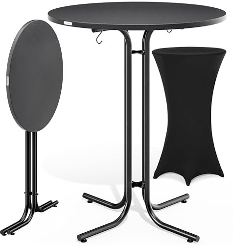 Casaria® Stehtisch mit Husse 80 cm Klappbar Rund Holz Metall Pulverbeschichtet Wetterfest Hoch Set Bistrotisch Bartisch Garten Party Tisch Schwarz