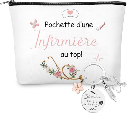 Xuniea Cadeaux pour Infirmières 1 Trousse de Toilette 1 Porte-Clés avec Seringue Fleur Stéthoscope Infirmière Qui Déchire Trousse de Maquillage Cadeau Merci pour Femme Graduation Collègue