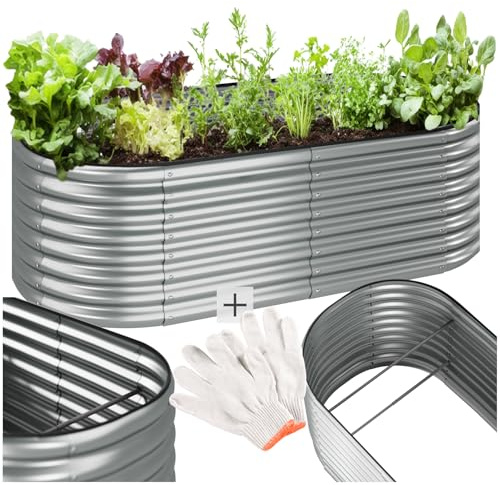 tectake® arriate Rectangular sin Base, Acero Resistente a la Intemperie, huerto Urbano, jardineras Exterior, Usar con Tierra para Plantas, Incluye Guantes - 100 x 200 x 60 cm Plateado Redondeado