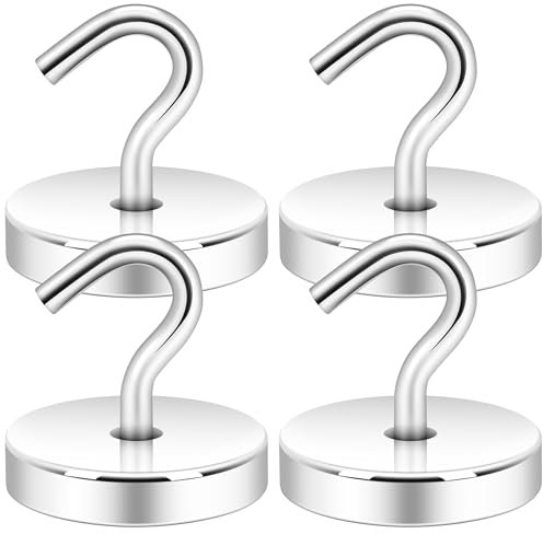 Neosmuk 120lb+ Extra Strong Magnet with Hook for Fridge,Heavy Duty Cruise Hook for Ceiling,Small Magnetic Holder for Van, Tool(Silver, Pack of 4)