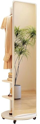 Freistehende Garderobe mit Standspiegel, 360° drehbare Garderobe aus Holz mit Ganzkörperspiegel, 2-in-1-Standspiegel und Garderobe für Wohnzimmer, Schlafzimmer und Garderobe