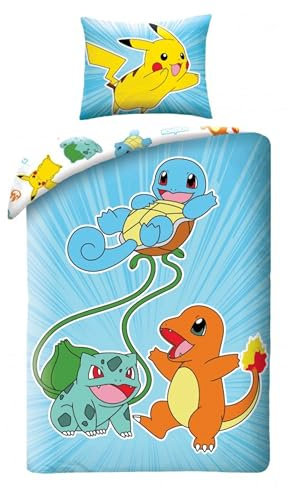 Ropa de cama infantil reversible con certificado Öko-Tex, funda nórdica de 140 x 200 cm y funda de almohada de 70 x 90 cm, diseño de Pokemon con Pikachu, Glumanda, escarabajo espada y bulbizarr