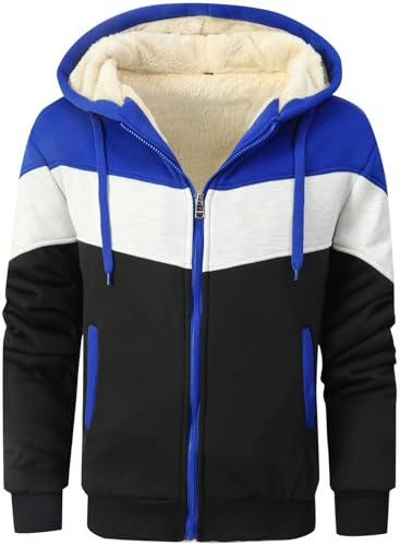 LEZUAN Fodrad fleece huvtröja herr, huvtröja med hel dragkedja, tjock huvkappa, vinterjacka varm vinter, Mörkblå, 4XL