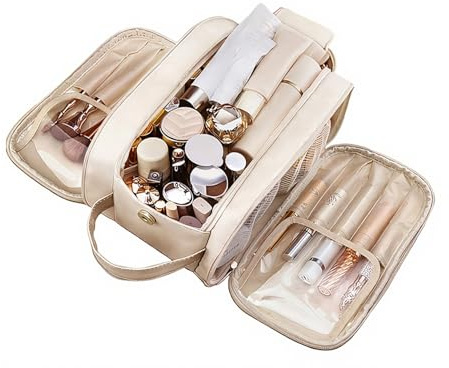 Travel Makeup Bag Cosmetic Organizer Bag Large Capacity Make up Bag for Women Waterproof Portable Makeup Bags with Compartments & Handle, Beige