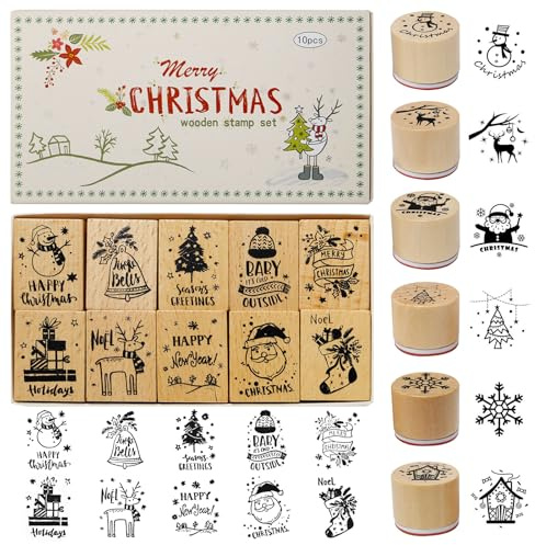 Pilikoll 16 Pezzi Set di Timbri Natalizi in Legno Rotondi Timbri in Gomma di Legno di Natalizi Rectángulo Natale Timbri Stampini di legno per Scrapbooking Decorazione Regalo Festa di Natale