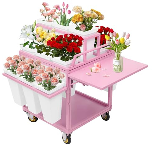 SHZULUSE Flower Display Stand with Wheels, 6-Tier Rolling Flower Cart with 18 Removable Buckets, Metal Mobile Florist Bouquet Rack for Garden Patio Shop Outdoor Decor (Pink)