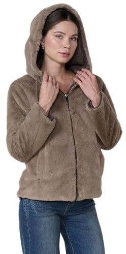 Koroshi Chaqueta mujer reversible acolchada efecto pelo, capucha ajustable, cremallera metálica y cordón., de color marron/brown, Talla XXL