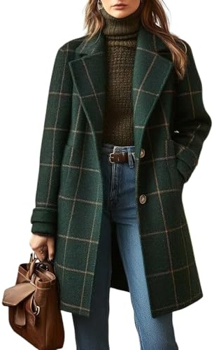 chouyatou Women's Winter Notched Collar Plaid Wool Trench Coat Button Down Mid Long Overcoat Outerwear (X-Large,Green)