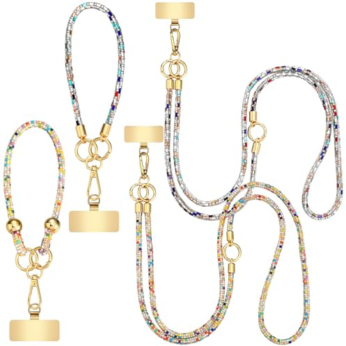 Saysurey 4 Set Crystal Phone Straps Colorful Phone Chain Crossbody Neck and Wrist Lanyard Anti Theft Layered Strap Gold Metal Buckles for Women