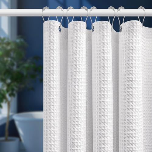 Uniclife White Shower Curtain, 180 x 200 cm Waffle Weave Fabric Shower Curtains for Bathroom, Waterproof Polyester Bathroom Curtain with 12 Rust-Resistant Grommets & Weighted Hem for Bathtub