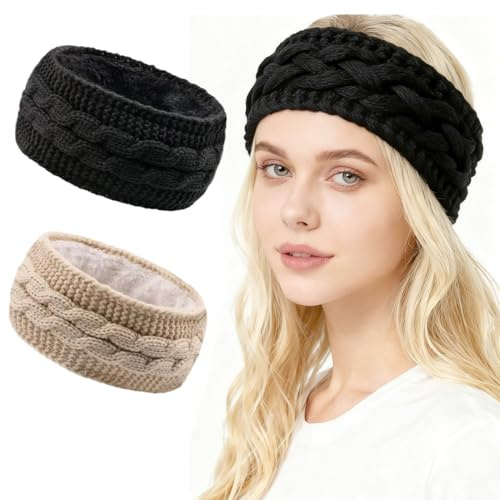 2 Pièces Bandeau Cheveux Femme, Cache Oreille Femme, Bandeau Cheveux pour Femme Bandeaux Hiver Serre-Tête Tricoté Oreille Réchauffeur Chaud Bande Elastique Cheveux