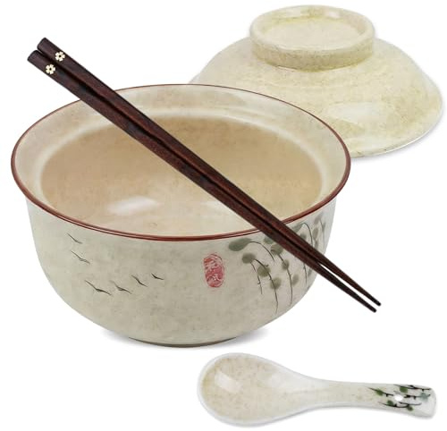 DEARBAG Ensemble de Bols Ramen en Céramique, 800ml Vaisselle Japonaise avec Couvercle Baguettes et Cuillère, Bol en Céramique, Bol à Soupe Vintage pour Ramen Pâtes Salade Céréales (Branches, 1PCS)