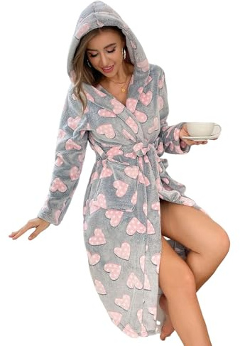 Hiseng Albornoz Mujer Bata Mujer Invierno, Estampados Lindos Batas de Casa de Polar Larga Suave y Grueso con Bolsillos y Cinturón Albornoz de Baño con Capucha Cálido Ideal, Sauna Casa (Corazones,M)