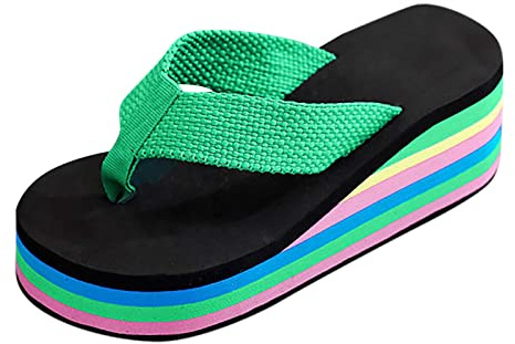 Flip Flops damer med fotsäng och klack, tofflor damer sommar bekväm, tjock sula halkfri strandsko kilklack färg kilsula tofflor sandaler damtofflor, Grön, 40 EU