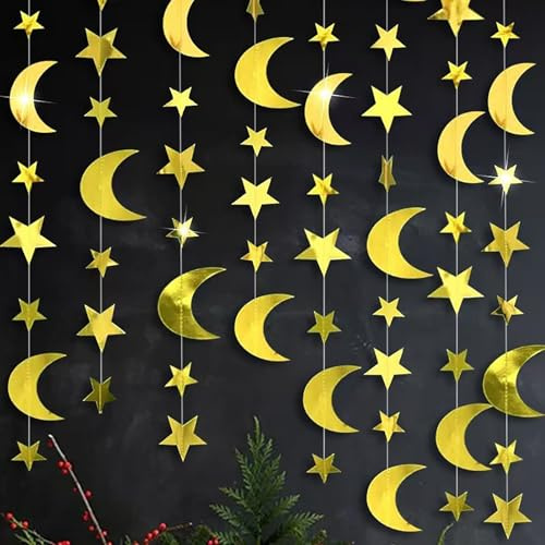 Gleemix 4 M Glitzer Mond und Sternengirlande Gold, Papier Sterne Girlande Geburtstag, Glitzer Ramadan Deko Girlanden, Mond Stern Deko Garland Dekoration, Für Umrah Mubarak Deko Etoile Festival Zubehör