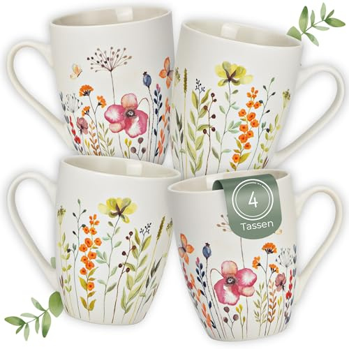 Kaffeetassen Blumen Dekor, 4er Set Porzellan-Tassen Weiß - Frühstückstasse 275 ml mit Floralem Design