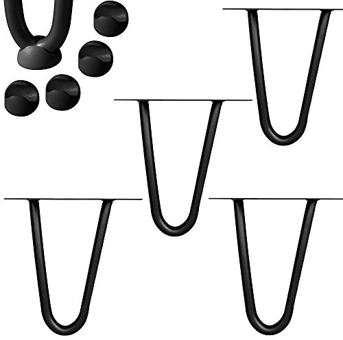 Mucola Hairpin Legs Tischbeine 4-teilig mit 2 Streben 10 cm Stahl Schwarz | 12 mm Rundstahl pulverbeschichtet, inkl. Schrauben und Anschraubplatten, für Lowboard und Beistelltisch, DIY Möbelfüße