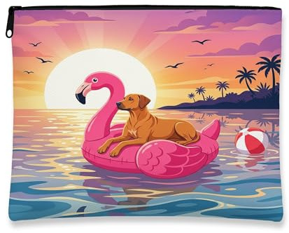 Funny Rhodesian Ridgebacks Dog Makeup Bag, Flamingos Lifebuoys Sea Cosmetic Travel Pouch for Women, Portable Small Canvas Zipper Organizer, Pet Toiletry Bag 7x9 Inch