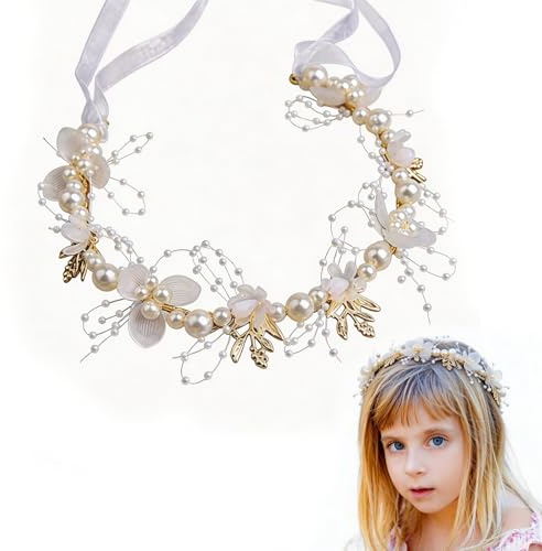 ARYIMYDP 1 Pezzo Coroncina di Fiori con Perle Bianche, Cerchietto Regolabile per Capelli da Bambina, Fatto a Mano per Prima Comunione, Matrimonio, Servizio Fotografico,Compleanno, Gioco di Ruolo,Party