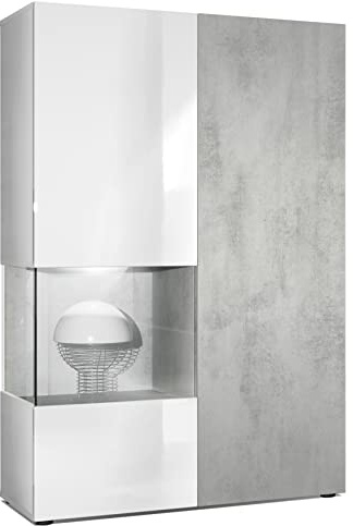 Vladon Vitrine Kommode Hochschrank Morena, Made in Germany, Korpus in Weiß matt/Rechte Tür und der Einsatz in Beton Oxid Optik, inkl. LED Beleuchtung