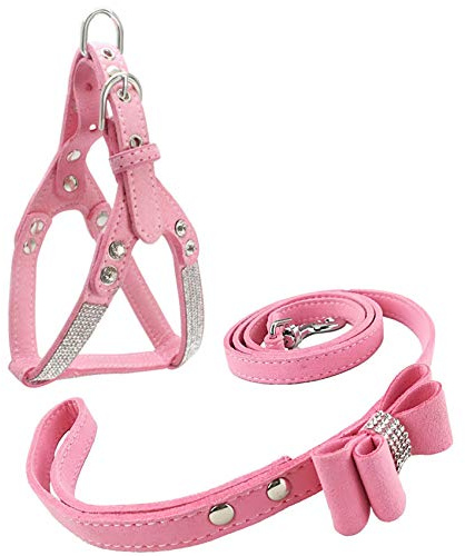 Newtensina Mode Chien Harnais avec Strass et Laisse Bling Mignonne Chien Harnais Chiots Harnais avec Noeud Papillon Laisse pour Petit Chien Moyen Chien