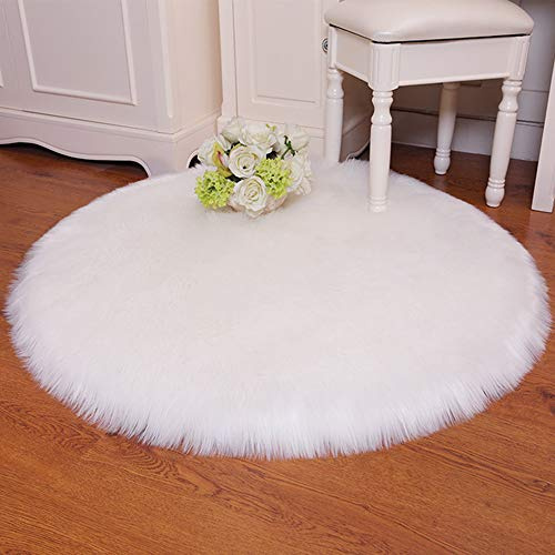 QINGLOU Faux Lammfell Schaffell Teppich (45 x 45cm) Wohnzimmer Schlafzimmer Kinderzimmer/Als Faux Bett-Vorleger oder Matte für Stuhl Sofa (Weiß（Runde）, 45 x 45cm)