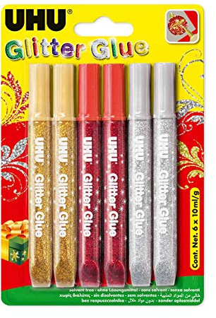 UHU Glitter Glue, Glitzerkleber zum Basteln in Tube mit feiner Dosierspitze, 6 x 10 ml (3 Farben sortiert)
