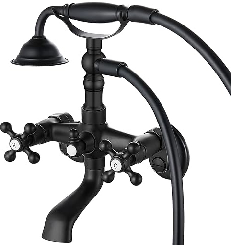 Midanya - Rubinetto per vasca da bagno con doccetta, con 2 maniglie incrociate con beccuccio per vasca da bagno, stile vittoriano, vintage, stile telefono 7-22 cm, centro regolabile