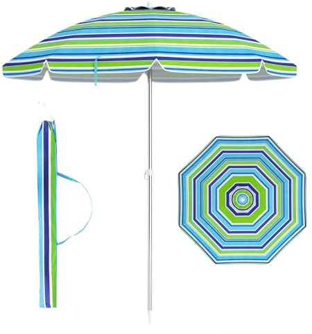 COSTWAY Parasoll strand, 182 cm strandparasoll vindtät stabil, UPF 50 30° böjbar, solskydd med markspets och bärväska, trädgårdsparaply för balkong, trädgård och terrass (grön)