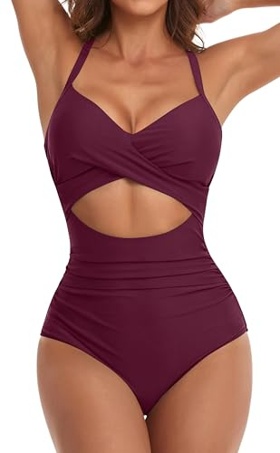 Eomenie Women's Tummy Control One Piece Swimsuit Cutout Bathing Suit L