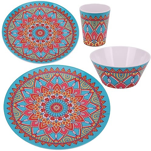 WedDecor Melamine Dinnerware Sets for 4 People for Indoor Outdoor BBQ Garden Picnic or Camping Use, Durable and Lightweight Melamine Dinner Set with Moroccan Design Plate Bowl & Cups (Set of 16Pcs)